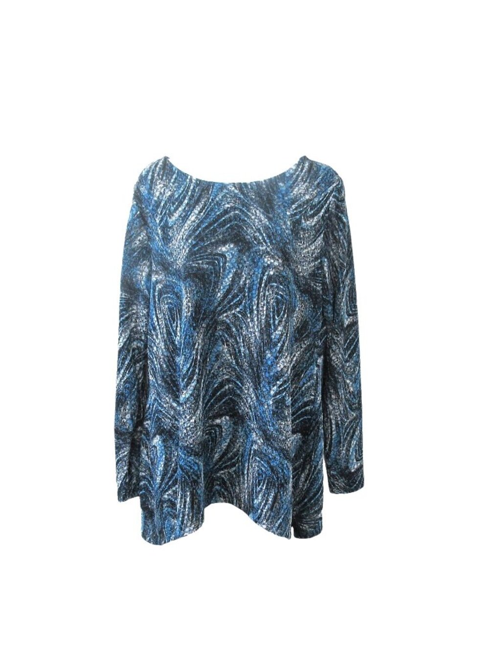 CJ Banks Women's Size L Long-Sleeve Knit Tunic Top Black Blue White Swirls